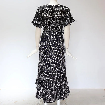 Vestido playero largo sexi con flores para mujer, vestido bohemio de gasa largo con volantes estampado, vestido entallado informal con cuello de pico y abertura de verano