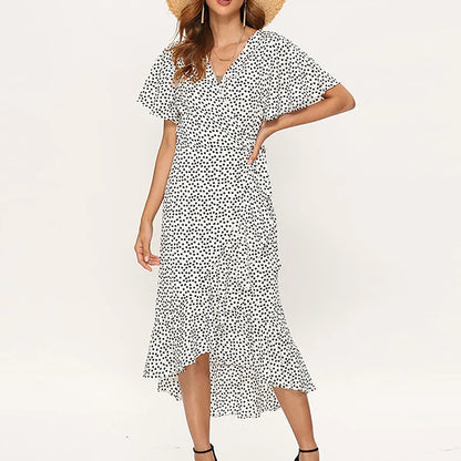 Vestido playero largo sexi con flores para mujer, vestido bohemio de gasa largo con volantes estampado, vestido entallado informal con cuello de pico y abertura de verano