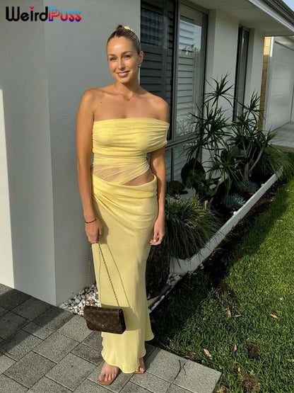 Vestido Irregular fruncido de gato extraño para mujer, vestido de malla de retales con cuello oblicuo, manga corta, ajustado, elástico, tendencia, trajes largos elegantes