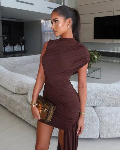 Mozision-minivestido Sexy fruncido drapeado Irregular para mujer, elegante vestido de fiesta plisado de cintura alta sin mangas con cuello alto