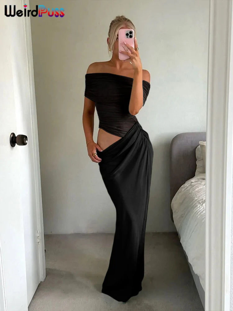 Vestido Irregular fruncido de gato extraño para mujer, vestido de malla de retales con cuello oblicuo, manga corta, ajustado, elástico, tendencia, trajes largos elegantes