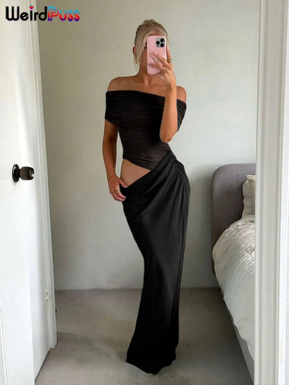 Vestido Irregular fruncido de gato extraño para mujer, vestido de malla de retales con cuello oblicuo, manga corta, ajustado, elástico, tendencia, trajes largos elegantes
