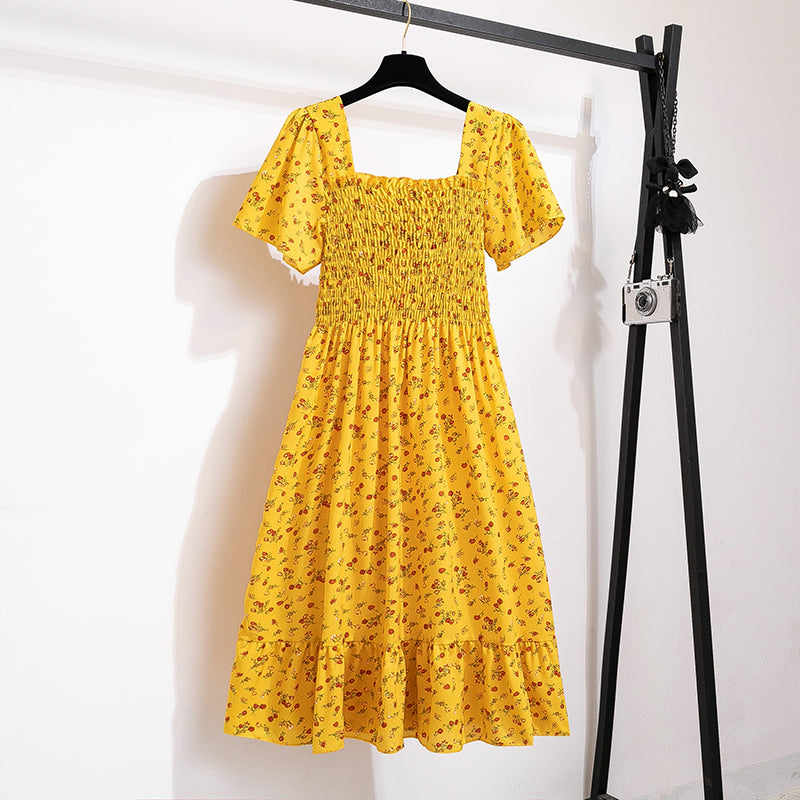 Vestido de gasa de primavera y verano para mujer, vestidos por debajo de la rodilla, manga corta, cintura elástica, estampado Floral, plisado, vestido informal sin espalda