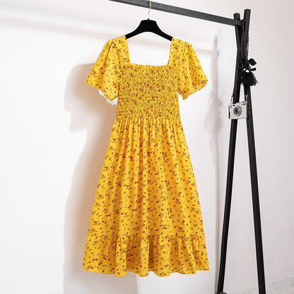Vestido de gasa de primavera y verano para mujer, vestidos por debajo de la rodilla, manga corta, cintura elástica, estampado Floral, plisado, vestido informal sin espalda
