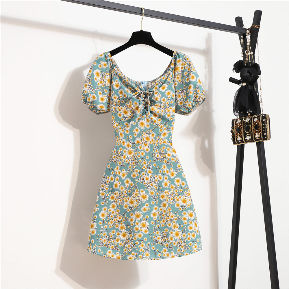 Minivestidos de mujer, moda de verano, Vestidos femeninos con estampado Floral, Vestidos de gasa fruncidos, plisado, manga corta acampanada, vestido informal