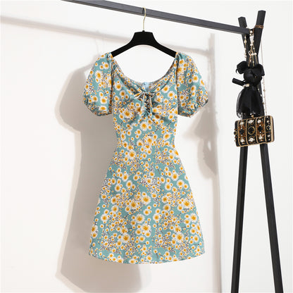 Minivestidos de mujer, moda de verano, Vestidos femeninos con estampado Floral, Vestidos de gasa fruncidos, plisado, manga corta acampanada, vestido informal