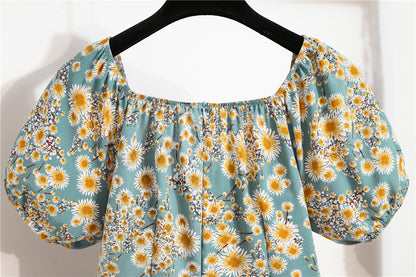 Minivestidos de mujer, moda de verano, Vestidos femeninos con estampado Floral, Vestidos de gasa fruncidos, plisado, manga corta acampanada, vestido informal