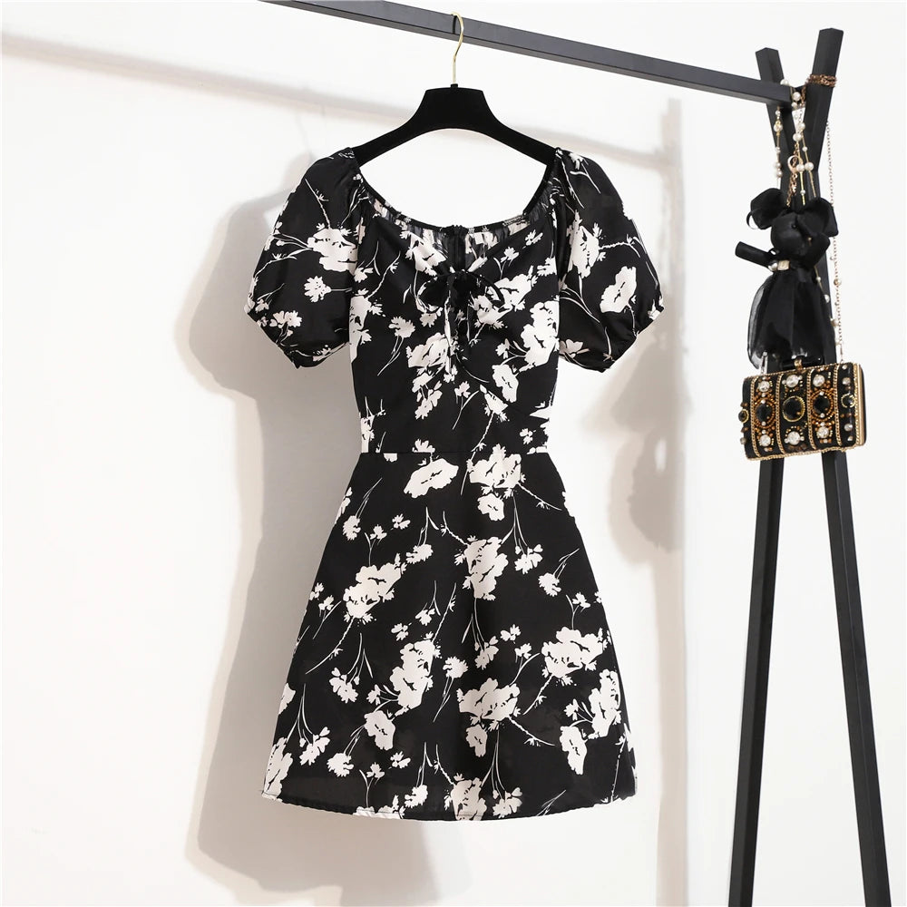Minivestidos de mujer, moda de verano, Vestidos femeninos con estampado Floral, Vestidos de gasa fruncidos, plisado, manga corta acampanada, vestido informal