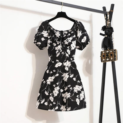 Minivestidos de mujer, moda de verano, Vestidos femeninos con estampado Floral, Vestidos de gasa fruncidos, plisado, manga corta acampanada, vestido informal