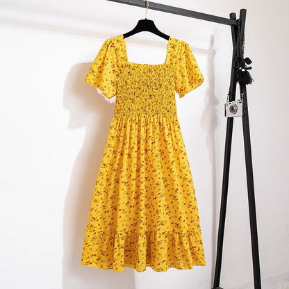 Vestido de gasa de primavera y verano para mujer, vestidos por debajo de la rodilla, manga corta, cintura elástica, estampado Floral, plisado, vestido informal sin espalda