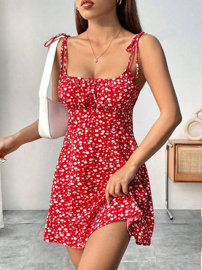 Vestido de tirantes finos con estampado floral, vestido elegante de tirantes atados con pliegues y espalda descubierta estilo de vacaciones para primavera y verano, C para mujer