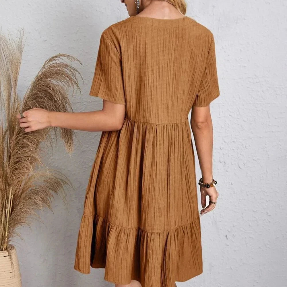 Vestidos de verano para mujer, vestidos de primavera con cuello en V, manga corta, cintura suelta, volantes, acampanados, vestidos de vocación