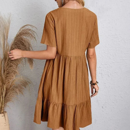 Vestidos de verano para mujer, vestidos de primavera con cuello en V, manga corta, cintura suelta, volantes, acampanados, vestidos de vocación