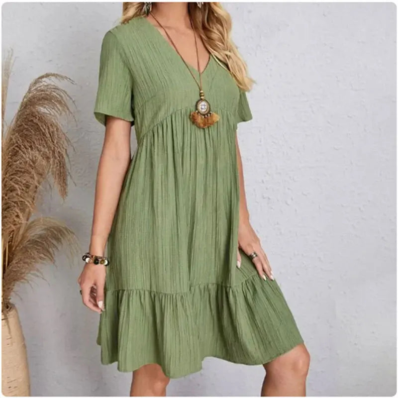 Vestidos de verano para mujer, vestidos de primavera con cuello en V, manga corta, cintura suelta, volantes, acampanados, vestidos de vocación
