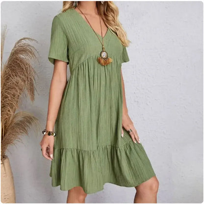 Vestidos de verano para mujer, vestidos de primavera con cuello en V, manga corta, cintura suelta, volantes, acampanados, vestidos de vocación