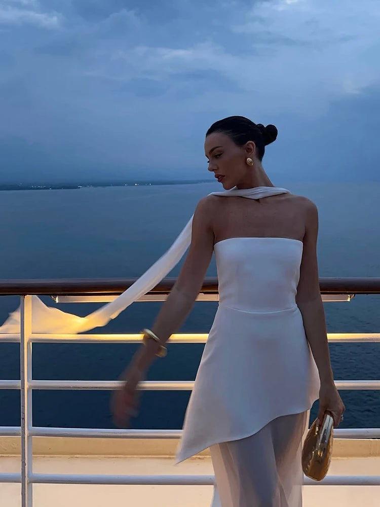 TARUXY moda vestido sin tirantes con cinta mujer elegante sin mangas malla playa vacaciones vestido largo 2025 primavera nuevo vestido de mujer