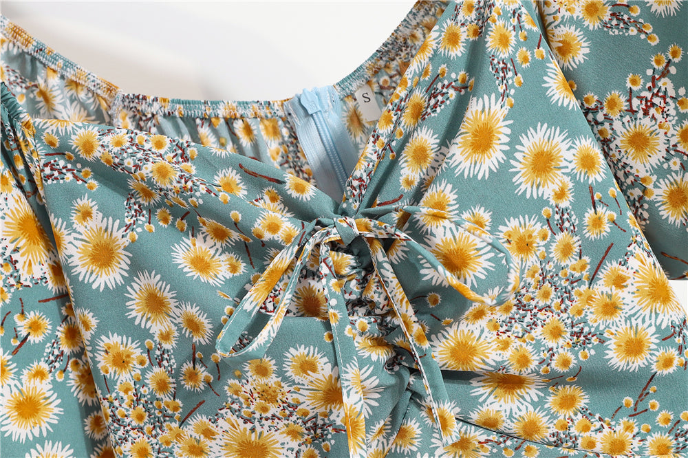 Minivestidos de mujer, moda de verano, Vestidos femeninos con estampado Floral, Vestidos de gasa fruncidos, plisado, manga corta acampanada, vestido informal