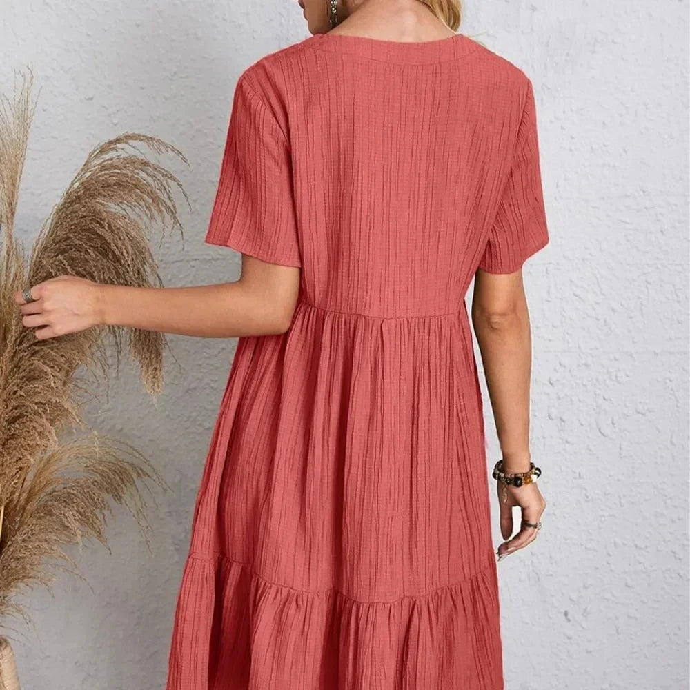 Vestidos de verano para mujer, vestidos de primavera con cuello en V, manga corta, cintura suelta, volantes, acampanados, vestidos de vocación