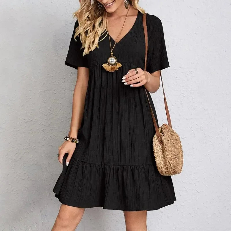 Vestidos de verano para mujer, vestidos de primavera con cuello en V, manga corta, cintura suelta, volantes, acampanados, vestidos de vocación