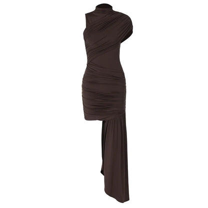 Mozision-minivestido Sexy fruncido drapeado Irregular para mujer, elegante vestido de fiesta plisado de cintura alta sin mangas con cuello alto