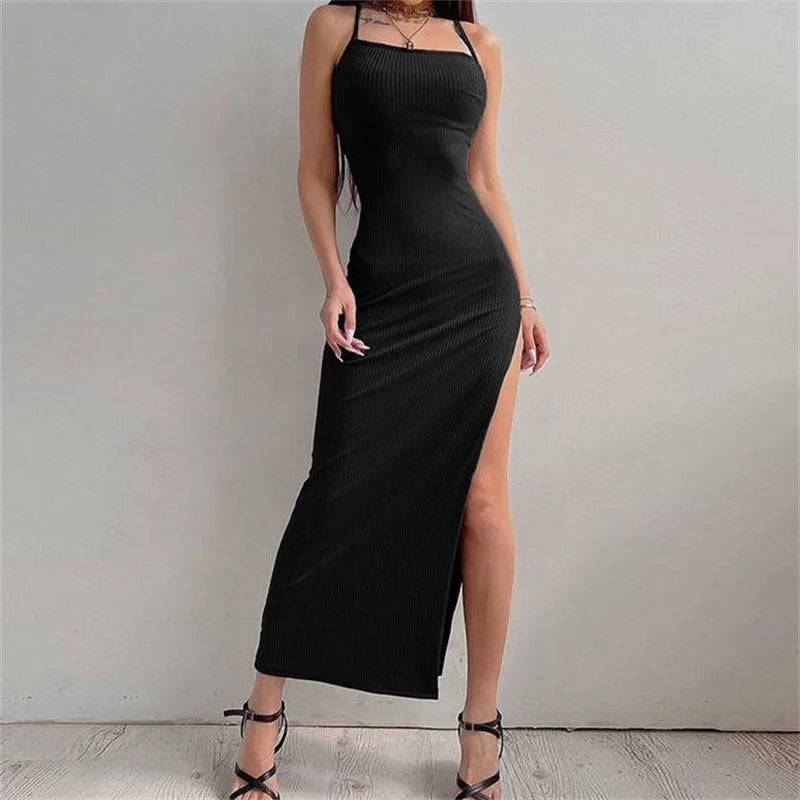 Vestido ceñido largo negro sexi para mujer, Vestidos de verano sin mangas con cuello Halter y tirantes finos, Vestidos con abertura alta