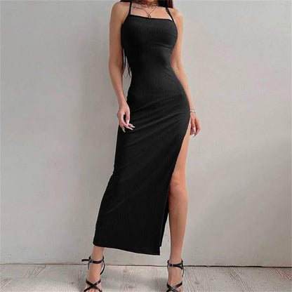 Vestido ceñido largo negro sexi para mujer, Vestidos de verano sin mangas con cuello Halter y tirantes finos, Vestidos con abertura alta