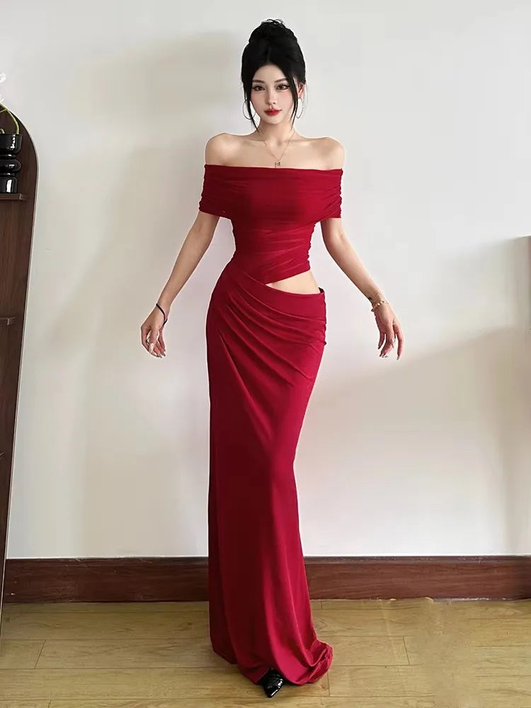 Vestido Irregular fruncido de gato extraño para mujer, vestido de malla de retales con cuello oblicuo, manga corta, ajustado, elástico, tendencia, trajes largos elegantes