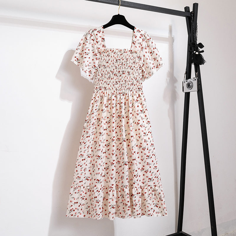 Vestido de gasa de primavera y verano para mujer, vestidos por debajo de la rodilla, manga corta, cintura elástica, estampado Floral, plisado, vestido informal sin espalda