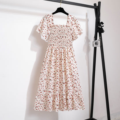 Vestido de gasa de primavera y verano para mujer, vestidos por debajo de la rodilla, manga corta, cintura elástica, estampado Floral, plisado, vestido informal sin espalda