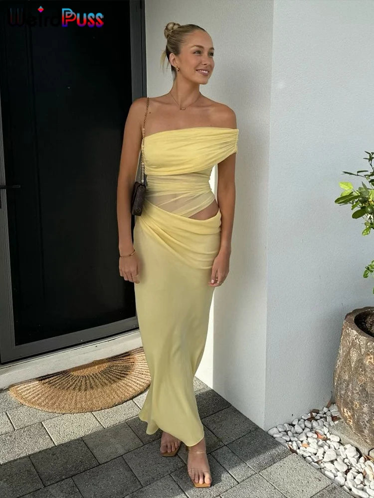 Vestido Irregular fruncido de gato extraño para mujer, vestido de malla de retales con cuello oblicuo, manga corta, ajustado, elástico, tendencia, trajes largos elegantes