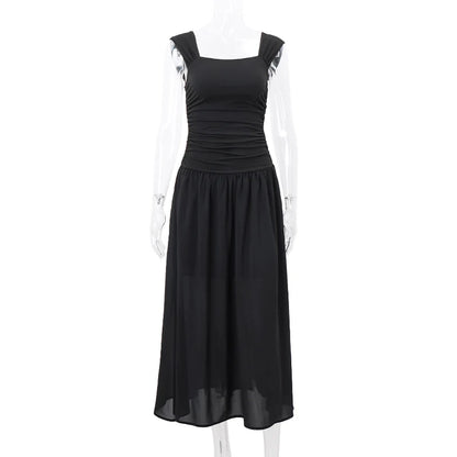 WhereMery-Vestidos largos elegantes para mujer, vestido largo liso fruncido, Sexy, primavera Y2K, temperamento de verano, Vestidos de cintura alta