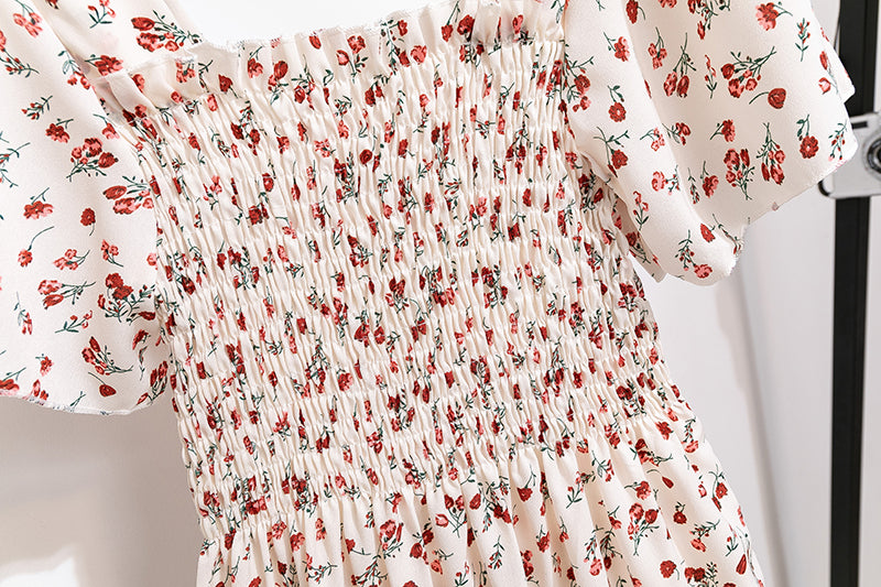 Vestido de gasa de primavera y verano para mujer, vestidos por debajo de la rodilla, manga corta, cintura elástica, estampado Floral, plisado, vestido informal sin espalda