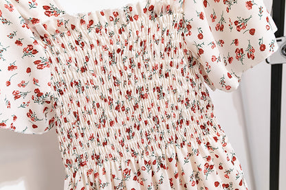 Vestido de gasa de primavera y verano para mujer, vestidos por debajo de la rodilla, manga corta, cintura elástica, estampado Floral, plisado, vestido informal sin espalda