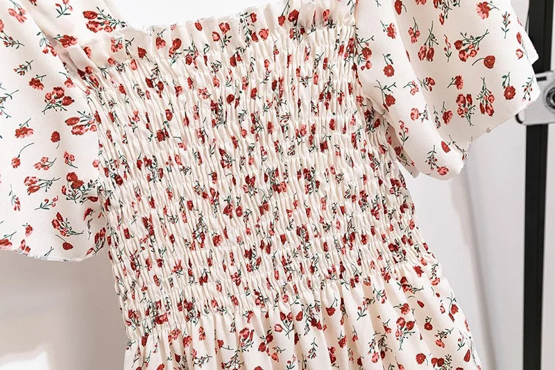 Vestido de gasa de primavera y verano para mujer, vestidos por debajo de la rodilla, manga corta, cintura elástica, estampado Floral, plisado, vestido informal sin espalda