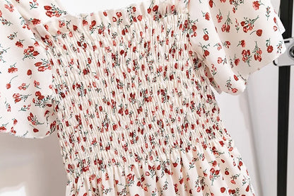 Vestido de gasa de primavera y verano para mujer, vestidos por debajo de la rodilla, manga corta, cintura elástica, estampado Floral, plisado, vestido informal sin espalda