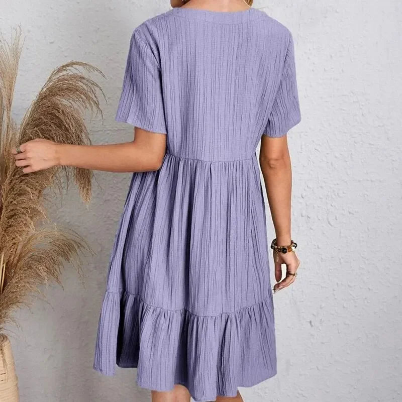 Vestidos de verano para mujer, vestidos de primavera con cuello en V, manga corta, cintura suelta, volantes, acampanados, vestidos de vocación
