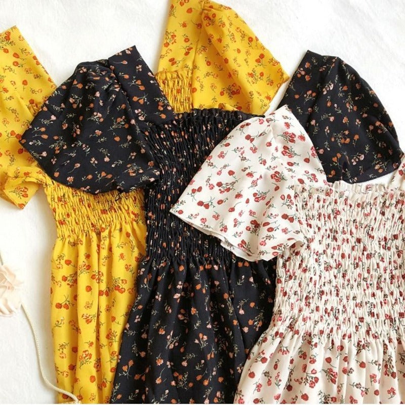 Vestido de gasa de primavera y verano para mujer, vestidos por debajo de la rodilla, manga corta, cintura elástica, estampado Floral, plisado, vestido informal sin espalda