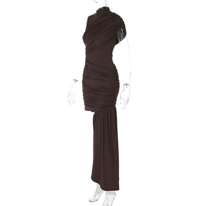 Mozision-minivestido Sexy fruncido drapeado Irregular para mujer, elegante vestido de fiesta plisado de cintura alta sin mangas con cuello alto