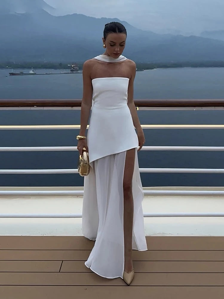 TARUXY moda vestido sin tirantes con cinta mujer elegante sin mangas malla playa vacaciones vestido largo 2025 primavera nuevo vestido de mujer