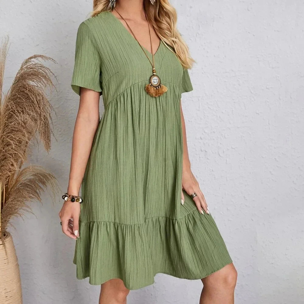 Vestidos de verano para mujer, vestidos de primavera con cuello en V, manga corta, cintura suelta, volantes, acampanados, vestidos de vocación