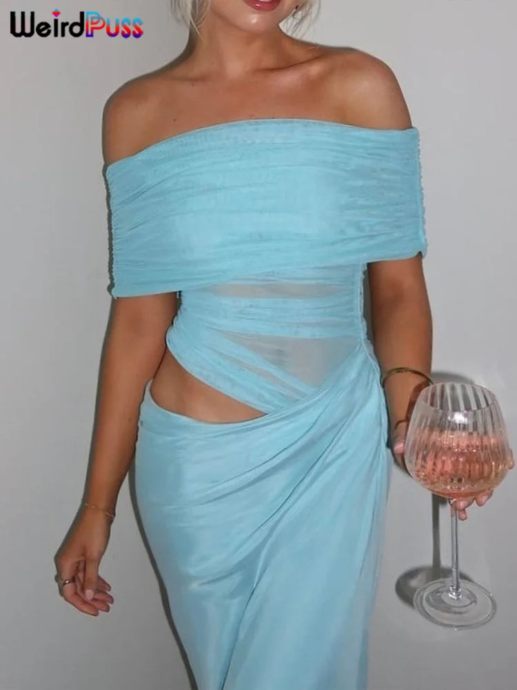 Vestido Irregular fruncido de gato extraño para mujer, vestido de malla de retales con cuello oblicuo, manga corta, ajustado, elástico, tendencia, trajes largos elegantes
