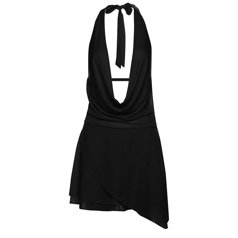 Minivestidos de verano para mujer, moda lisa, sin mangas, Sexy, sin espalda, pecho bajo, cuello en V, vestidos Halter, ropa de calle informal, vestido femenino