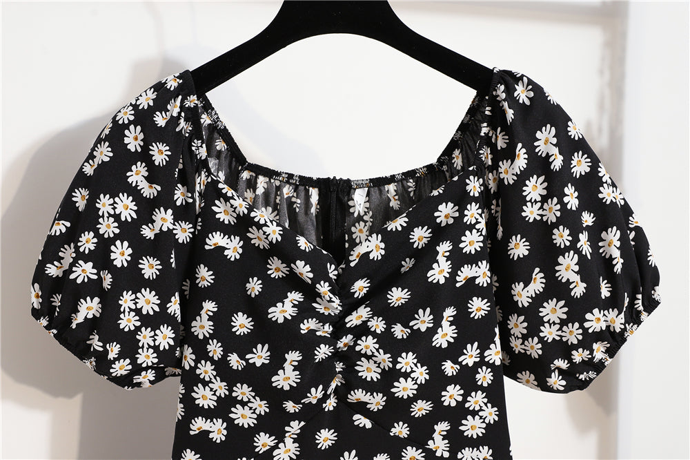 Minivestidos de mujer, moda de verano, Vestidos femeninos con estampado Floral, Vestidos de gasa fruncidos, plisado, manga corta acampanada, vestido informal