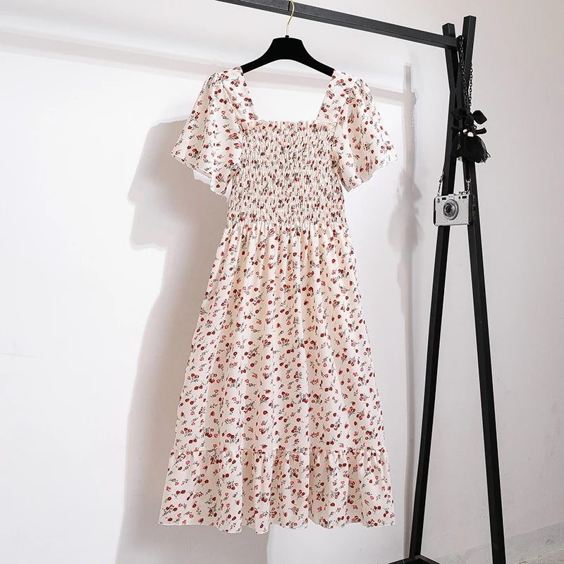 Vestido de gasa de primavera y verano para mujer, vestidos por debajo de la rodilla, manga corta, cintura elástica, estampado Floral, plisado, vestido informal sin espalda