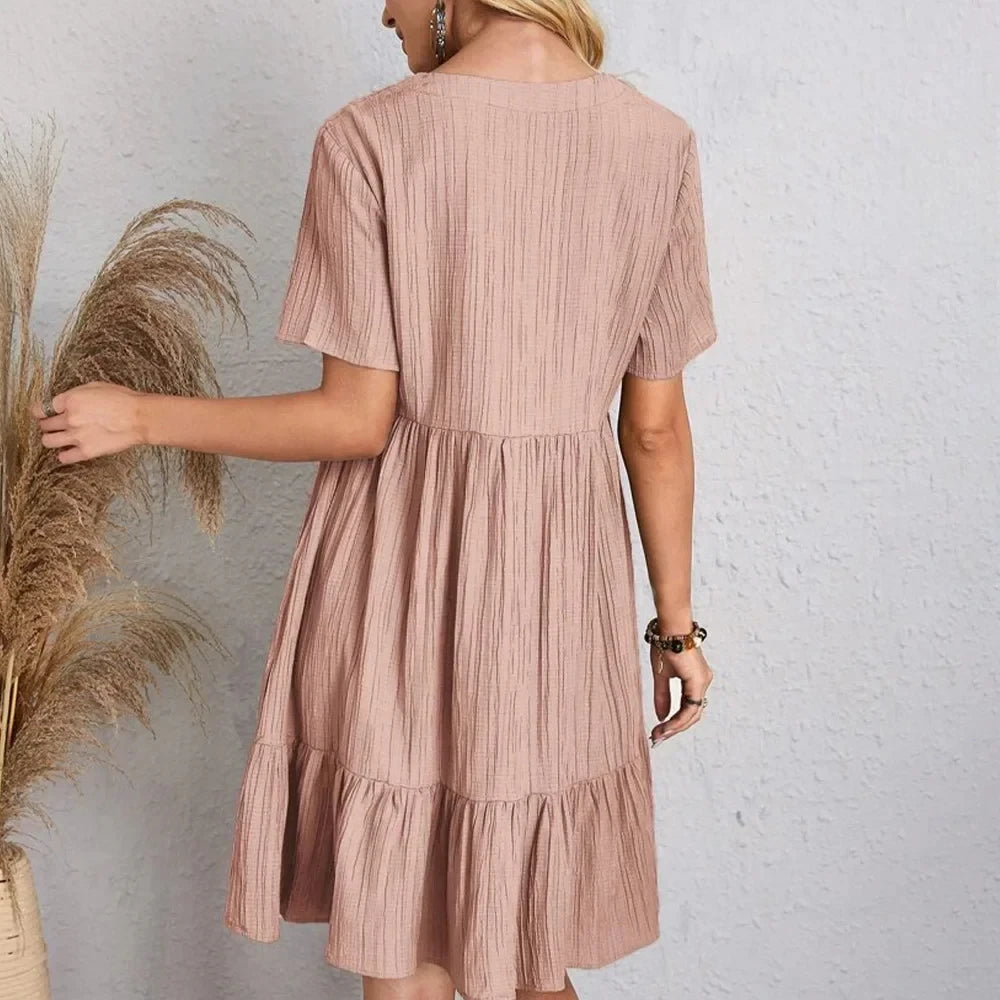 Vestidos de verano para mujer, vestidos de primavera con cuello en V, manga corta, cintura suelta, volantes, acampanados, vestidos de vocación