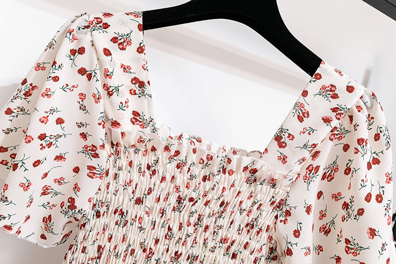 Vestido de gasa de primavera y verano para mujer, vestidos por debajo de la rodilla, manga corta, cintura elástica, estampado Floral, plisado, vestido informal sin espalda