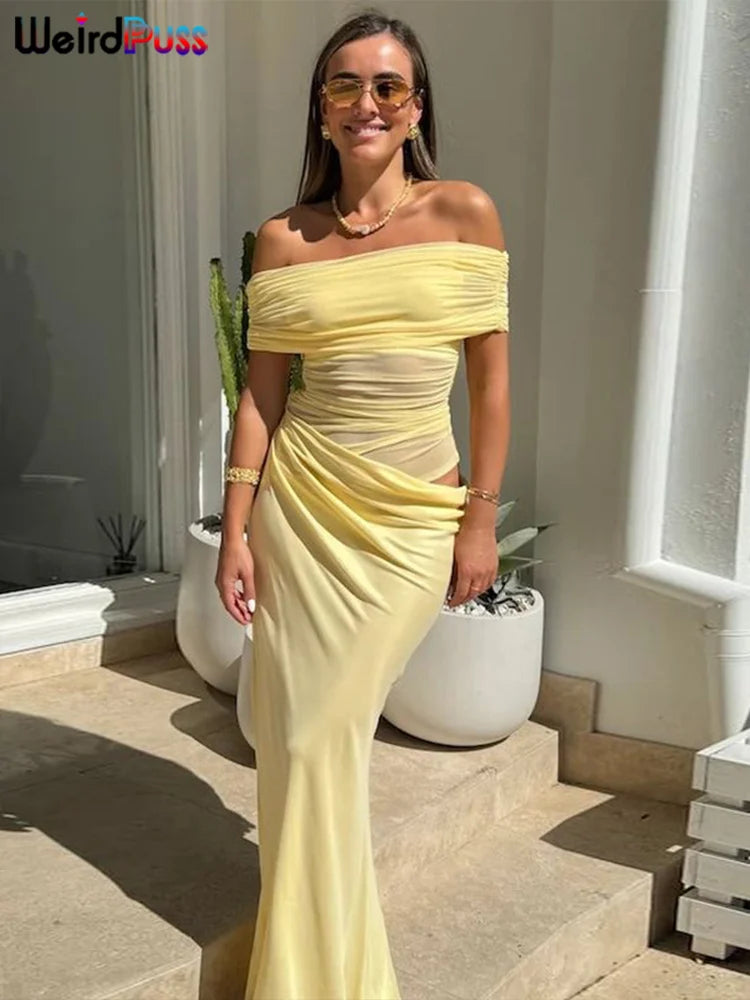 Vestido Irregular fruncido de gato extraño para mujer, vestido de malla de retales con cuello oblicuo, manga corta, ajustado, elástico, tendencia, trajes largos elegantes