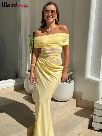 Vestido Irregular fruncido de gato extraño para mujer, vestido de malla de retales con cuello oblicuo, manga corta, ajustado, elástico, tendencia, trajes largos elegantes