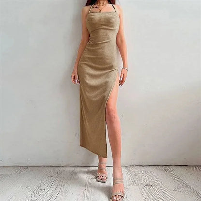 Vestido ceñido largo negro sexi para mujer, Vestidos de verano sin mangas con cuello Halter y tirantes finos, Vestidos con abertura alta