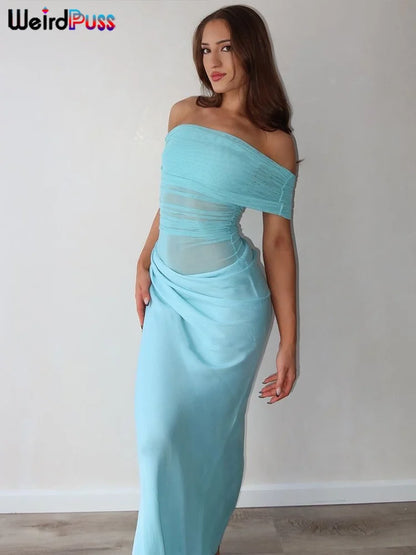 Vestido Irregular fruncido de gato extraño para mujer, vestido de malla de retales con cuello oblicuo, manga corta, ajustado, elástico, tendencia, trajes largos elegantes